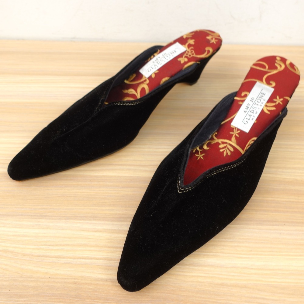 VINTAGE Amy Jo Gladstone Womens Slipper Mule 7 Black Velvet Pointed Toe Luxury